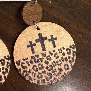 Cross & Leopard Wood Earrings - NEW